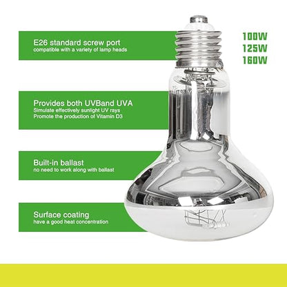 160W Heat UVA UVB Reptile Light, Full Spectrum Self-Ballasted Vapor Basking Sunlight Bulb for Reptile and Amphibian Use E26 2 Pack - size: 160