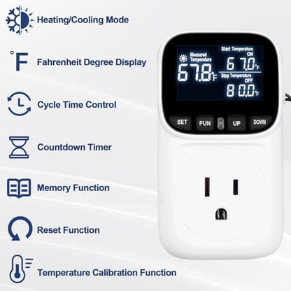 Digital Temperature Controller Thermostat Outlet Plug, 120V 15A Heating and Cooling Control with Sensor,Thermostat Timer LCD Display, Ideal for Reptiles, Greenhouses, and Brewing