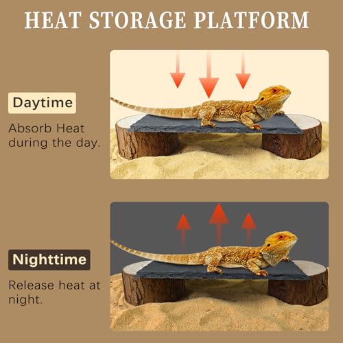 Bearded Dragon Basking Platform,Reptile Basking Platform Slate Rocks with Wooden Pile,Leopard Gecko Hides and Caves Climbing Tank Accessories for Lizards Snakes Tortoise Ball Python(Large)