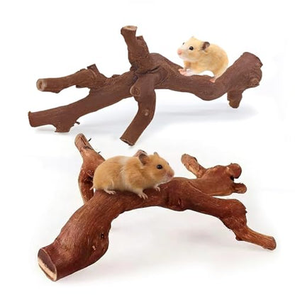 kathson 2Pcs Wood Hamster Climbing Branches Decor, Natural Wooden Syrian Hamster Climb Chewing Toys, Rat Exercise Toys, Small Animal Habitat Decor Accessories for Dwarf Pets, Mice, Gerbils