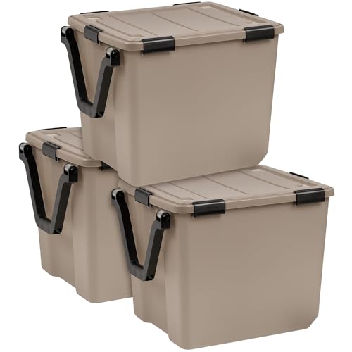 IRIS USA 3-Pack WeatherPro Gasket Box, 106 Quart Weather Resistant Storage Bins with Latching Lids, Heavy Duty Organizing Containers for Closet, Bathroom, and Office - Tan - size: 109 Qt. - 3 Pack