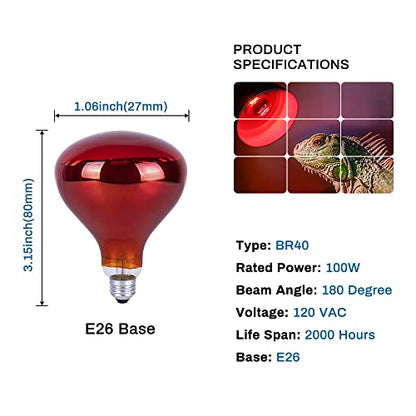 BR40 Red Heat Lamp Bulbs, 100 Watt Infrared Light Bulb, E26 Medium Base, for Bathroom Pet Poultry Reptiles Incandescent Heat Lamp, Infrared Bulb 1Pack