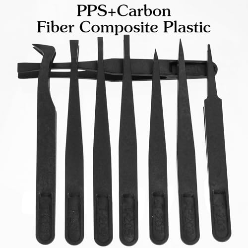 8 PCS Precision Plastic Tweezers, 4.7 Inch Length Precision Anti-Static Tweezers with Curved and Straight Tips for Electronics Assembly, Jewelry-Making, Watch Repair, Crafts Making, Black