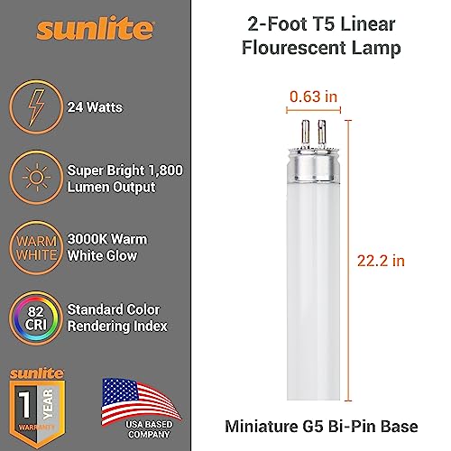 Sunlite 30400 F24T5/830/HO 2 Foot T5 Linear Fluorescent Lamp, 24 Watts, 1800 Lumens, 3000K Warm White, Miniature G5 Bi-Pin Base, ROHS Compliant, High Performance Straight Tube, 40 Pack - color: 3000k, style: 24 watts (22.20-Inch)
