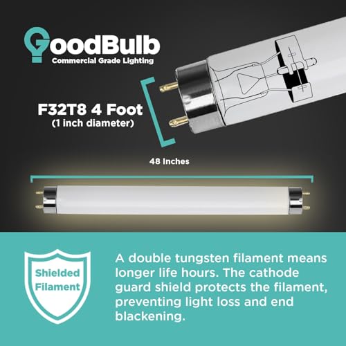 GoodBulb 25 Pack F32T8/841/ECO 32W 48 Inch T8 Fluorescent Light Bulb 4100K Cool White Light Color, Medium Bi-Pin Base 3050 Lumens 86 CRI 24000 Life Hours Instant/Programmed Start - color: 4100k