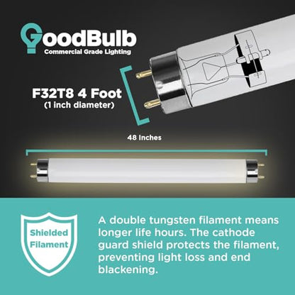 GoodBulb 25 Pack F32T8/841/ECO 32W 48 Inch T8 Fluorescent Light Bulb 4100K Cool White Light Color, Medium Bi-Pin Base 3050 Lumens 86 CRI 24000 Life Hours Instant/Programmed Start - color: 4100k