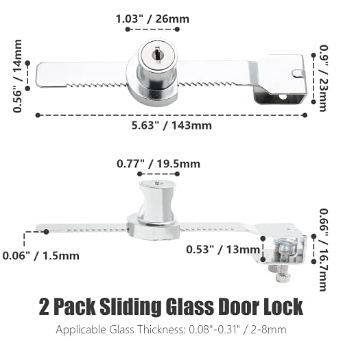 2 Pack Sliding Glass Door Lock Showcase Display Case Lock, Ratchet Lock Reptile Cage Lock and Key, Vivarium Lock for Drawer Cabinet, Fit Thickness 0.08-0.31 Inch / 2-8mm, Keyed Alike - size: 5.63 inch / 143mm