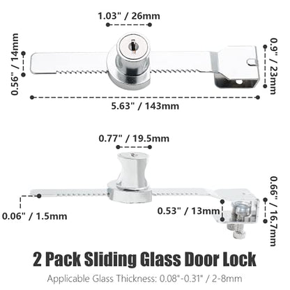 2 Pack Sliding Glass Door Lock Showcase Display Case Lock, Ratchet Lock Reptile Cage Lock and Key, Vivarium Lock for Drawer Cabinet, Fit Thickness 0.08-0.31 Inch / 2-8mm, Keyed Alike - size: 5.63 inch / 143mm