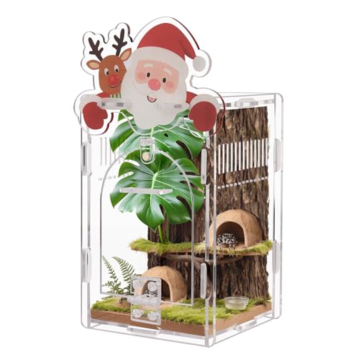 Santa Claus Jumping Spider Enclosure, Magnetic Acrylic Habitat Terrarium with Secure Doors, 4x4x6.3 Inch Small Desktop Decor Gift for Spider, Mantis, Beetles - size: 4"x4"x6.3"