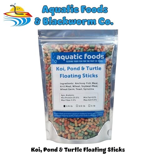 Koi, Pond & Turtle 7/16" x 5/32" 25% Protein Floating Sticks. Spirulina, Color Enhancing & Wheat Germ Sticks for Koi, All Pond Fish, Aquatic Turtles...WL…1/4-lb Foil Pouch Bag - size: 4 Ounce (Pack of 1)