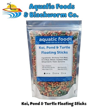 Koi, Pond & Turtle 7/16" x 5/32" 25% Protein Floating Sticks. Spirulina, Color Enhancing & Wheat Germ Sticks for Koi, All Pond Fish, Aquatic Turtles...WL…1/4-lb Foil Pouch Bag - size: 4 Ounce (Pack of 1)