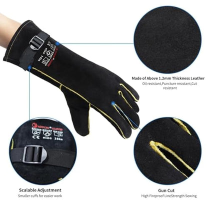 16 Inch Leather Welding Gloves, 932℉ Heat & Fire Resistant, Large Black Mitts for Welding, BBQ, Oven, Grill, Fireplace, Forge, Furnace, Stove, Pot Holder & Animal Handling - size: Large