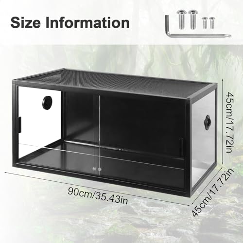 Large Front Opening Reptile Terrarium 35x18x18 Inch with Top Screen Ventilation, Ideal Glass Enclosure with Doors for Plant Landscaping and Housing Snakes Lizards Geckos