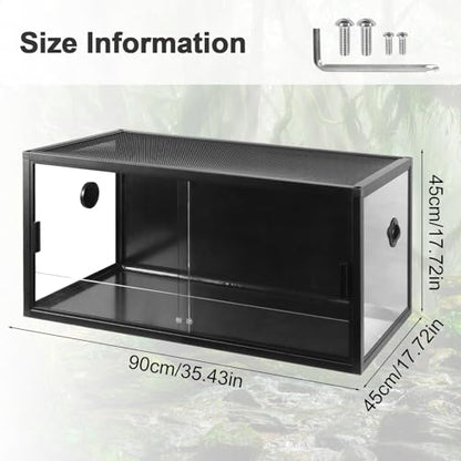Large Front Opening Reptile Terrarium 35x18x18 Inch with Top Screen Ventilation, Ideal Glass Enclosure with Doors for Plant Landscaping and Housing Snakes Lizards Geckos