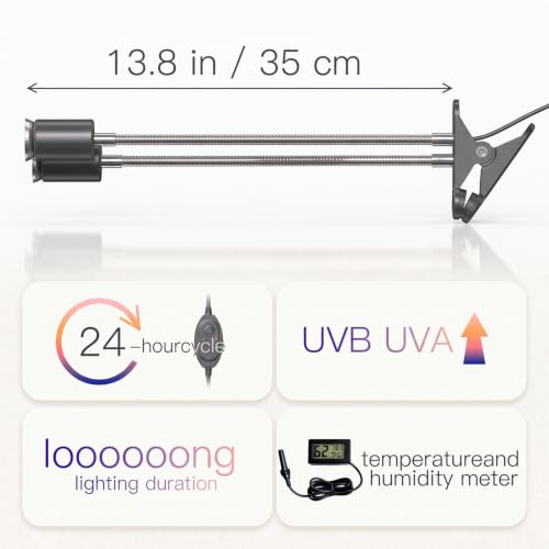 All-in-One Reptile Heat Lamp Bundle, Dual-Head UVB&UVA Lamp with Timer & Hygrothermograph, High UVA Lighting for Turtle, Tortoise, Bearded Dragon, Lizard, Snake, Amphibians, Easy to Install