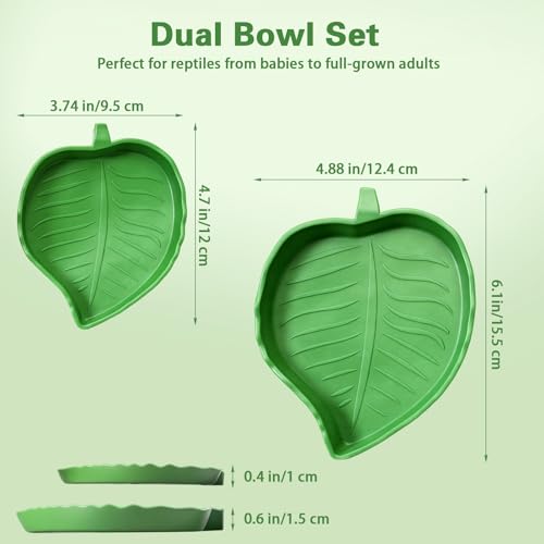 Xindojuz 4 PCS Leaf Reptile Water Dish, Reptile Water Bowl, Tortoise Habitat Accessories, Bearded Dragon Water-Bowl, Turtle Food Feeding Plates for Turtle Small Snake Lizard Gecko, 2 Sizes