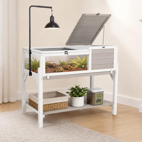 Large Tortoise Habitat with Adjustable Lamp Stand & Storage Shelf, Wooden Tortoise Enclosure with Viewing Window, Pull-Out Tray, 2-Room Reptile Turtle Enclosure House Indoor & Outdoor, Grey - size: 40.4"L x 23.0"W x 32.0"H