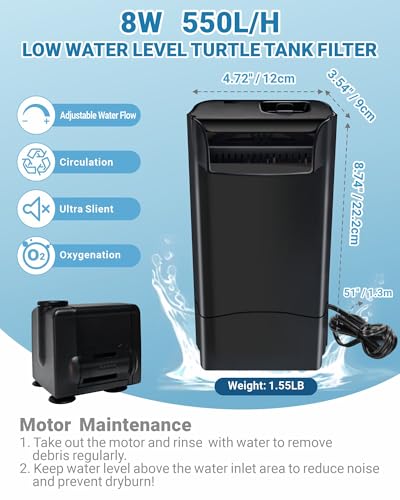 GOZILLA 148GPH Turtle Tank Filter 8W Adjustable Water Flow, Aquarium Filter for Low Water Level Tank, Turtle Filter Quiet Waterfall Fish Tank Filter for 10-30 GAL. (Black)