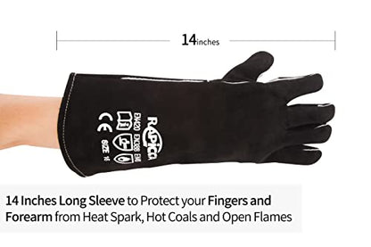RAPICCA Fireplace Fire Pit Gloves, 662°F Fireproof Leather, 14 in Black | For Wood Stove, Campfire, Charcoal, Cast Iron, BBQ Grill, Oven, Stick & MIG Welding, Forge, Dry Ice - color: Black(length 14in)