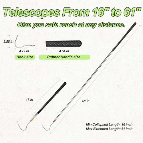 61 inch Snake Hook, Professional Reptile Catcher Handling Tool, Stainless Steel Retractable Pole