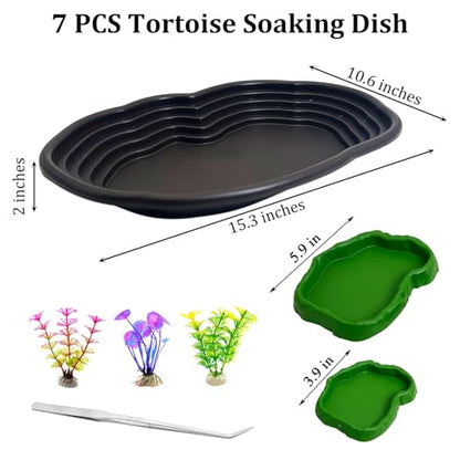 Reptile Bathing Pool 7 Pcs Tortoise Water Dish with Ramp Extra Large Turtle Feeding Bowl with Steps Reptile Food & Water Dishes 2-in-1 Gecko Habitat Decoration Accessories Lizard Bath Tub