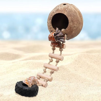 Hermit Crab Climbing Toy, Natural Coconut Reptile Hideout with Ladder, Hanging Coconut Reptile House, Cage or Tank Cave Habitat Accessories, Suitable for Gecko Snake Lizard Chameleon Hermit Crab