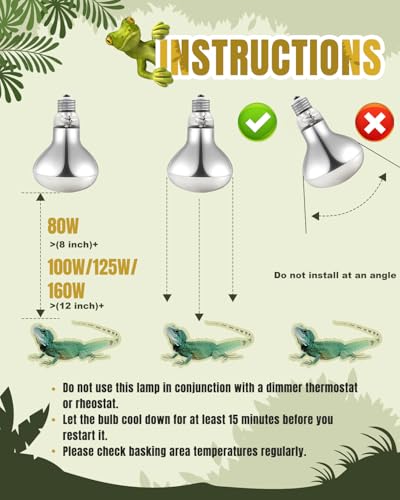 Heat Lamp Bulbs, 160 Watts UVA UVB Reptile Heat Bulb, 2 Pack | Full Spectrum, Basking Spot Light, Simulate Natural Sun Light, For Reptile and Amphibian, Silver