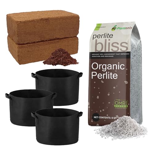 Seed Starting Soil Mix (24 Qts) - Coco Coir 650gm Bricks (2-Pack) + Perlite Bliss + 3 Gallon Grow Bags - Seed Starter Soil for Indoor Plants, Outdoor Plants, Seedlings - Organic Coco Coir Perlite Mix - color: Seed Starting Mix (24 Qts)
