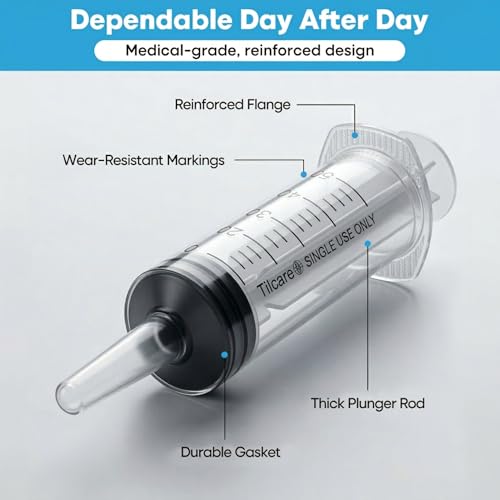 60ml Catheter Tip Syringe with Covers 50 Pack by Tilcare - Sterile Plastic Medicine Food Droppers for Children, Pets or Adults – Latex-Free Oral Medication Dispenser - Large Feeding Tube Syringes