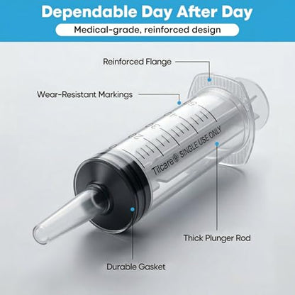 60ml Catheter Tip Syringe with Covers 50 Pack by Tilcare - Sterile Plastic Medicine Food Droppers for Children, Pets or Adults – Latex-Free Oral Medication Dispenser - Large Feeding Tube Syringes