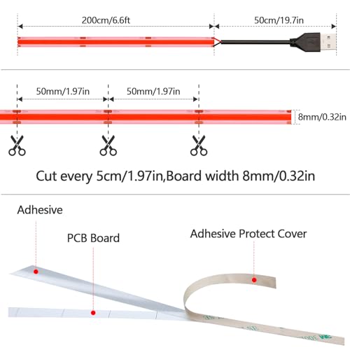 DC 5V USB COB Red LED Strip Light Dimmable IP65 Waterproof USB Powered 6.6ft/2M 640LEDs with Dimmer High Brightness Flexible LED Tape Lights - color: Red