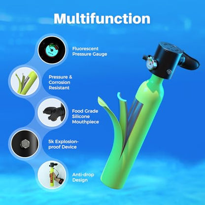SMACO Mini Scuba Tank 0.5L Portable Small Diving Tank for Underwater Breathing Reusable Diving Cylinder Lung Air Tank for Emergency Rescue Boat Cleaning Backup Air Source Pony Bottle S300 - color: C GREEN