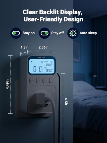 WiFi Plug in Thermostat Outlet, Temperature Controlled Outlet with Smart APP, Timer & Memory Digital Temp Controller -40~212℉, IP67 Waterproof Probe for Incubator Homebrew Reptile Space Heater | 16A