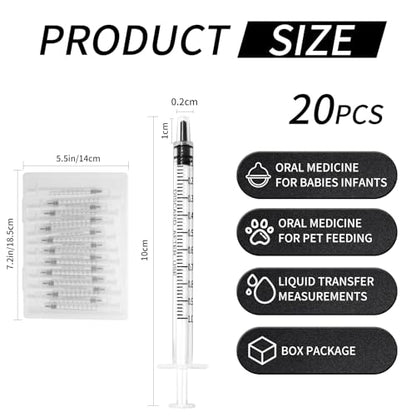 20 Pack 1ml Syringe for Liquid, 1cc Plastic Small Syringes for Scientific Labs, Measuring Liquids, Feeding Pets, Medical Student, Oil or Glue Applicator, Non-Sterile, No Needle - size: 1ml Syringes-20pcs