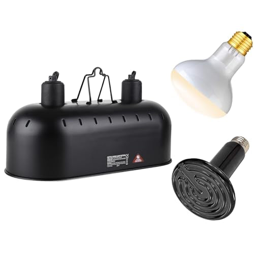 DXOPHIEX Dual Reptile Light Fixture,Reptile Heat Lamp Fixture with 150W Basking Bulb&Ceramic Heat Emitter,Double Dome Heat Lamp for Lizard,Gecko,Bearded Dragon,Tortoise,Snake,Chameleon - style: 15inch with 150W Basking Bulb&Ceramic Heat Emitter