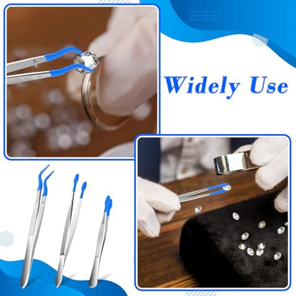 3PCS Tip Tweezers, Silicone Rubber Flat Tipped Tweezers Bent Tip for Jewelry Coin Stamp (Blue) - color: Blue