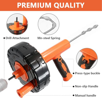 Drain Snake 8Set-33Ft Drain Clog Remover,34inch Heavy Duty Plumbing Snake,20inch Hair Clog Remover,18inch Cleaning Brush,Goggles and Gloves for Bathtub,Toilet,Sewer,Kitchen Sink,Drainage Pipe - style: 10SET Heavy Duty