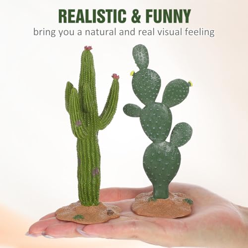 ULTNICE Fake Cactus Statues, 2pcs Realistic Artificial Cactus Figurine for Reptile Aquarium, Simulated Succulent Plant, Indoor Living Decor, Office Desk Decoration, 5.5 Inch Pots