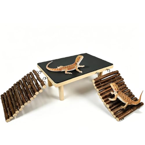 Bearded Dragon Basking Platform with Climbing Ramp,Reptile Basking Rock Slate Stone,Wood Lizard Resting Platform Hide Cave Tank Accessories for Gecko Tortoise Snake Frog(Small) - size: S: 6"x 9.8"x 4.56"