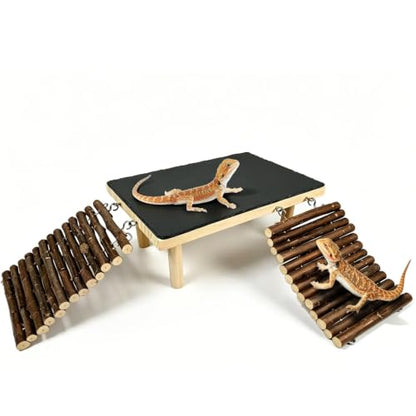 Bearded Dragon Basking Platform with Climbing Ramp,Reptile Basking Rock Slate Stone,Wood Lizard Resting Platform Hide Cave Tank Accessories for Gecko Tortoise Snake Frog(Small) - size: S: 6"x 9.8"x 4.56"