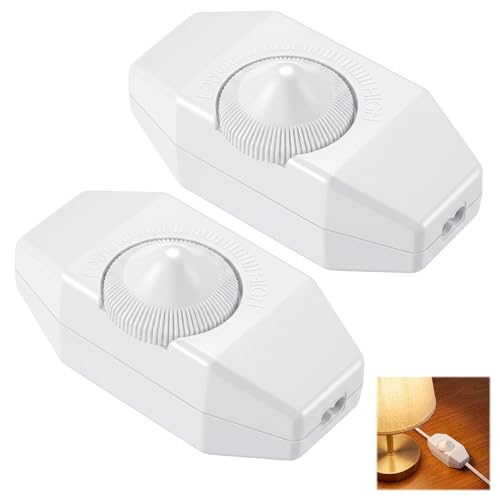 2 Pack Upgraded Inline Dimmer Switch for Lamp Cord, Full Range Rotary Dimmer Switch for Lamps & Pendant Lights, UL Certification, No Solder for Dimmable LED, Incandescent & Halogen Bulbs (White)