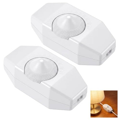 2 Pack Upgraded Inline Dimmer Switch for Lamp Cord, Full Range Rotary Dimmer Switch for Lamps & Pendant Lights, UL Certification, No Solder for Dimmable LED, Incandescent & Halogen Bulbs (White)