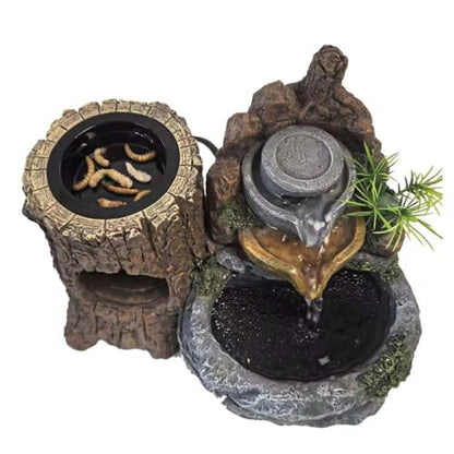 Reptile Water and Hideout Climb Device,Terrarium Waterfall Drinking Fountain, Water Dispenser Fountain with Food Dish for Bearded Dragon, Gecko, Chameleon, Lizard, Tree Frog & Turtle