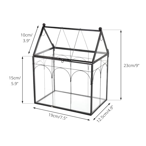 NCYP Glass Terrarium with Lid for Cacti, Succulents, Small Plants - 7.5 x 4.9 x 9 inches Closed Geometric Planter Box - Home Indoor Tabletop House Shape Decorative, Black (Terrarium Only)