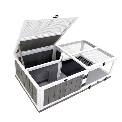 Tortoise Habitat with Waterproof Activity Tray Rest Game Compartments Metal Latch Top Galvanized Mesh Small Animals Outdoor Wooden Reptile Cage 43.1x24x12.8 Inches Grey