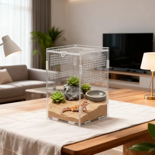 Acrylic Reptile Enclosure, 4.7 x 4.7 x 7.9 in Vivarium Terrarium for Spiders, Frogs, Praying Mantis, Clear Habitat with Ventilation Holes, Front Opening Door for Easy Access
