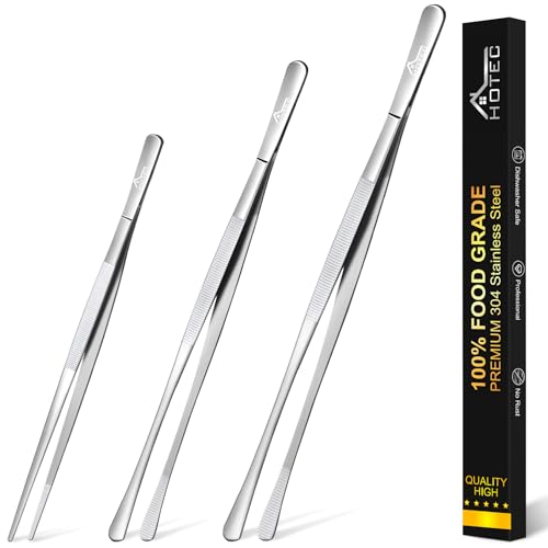 HOTEC Kitchen Tweezers Tongs Stainless Steel Professional Chef Tweezers, Set of 3-6.3", 10" and 12inch Food Tongs for Cooking, Repairing, Dessert, BBQ, Meat, Pasta - color: Silver, size: 3PCS: 12, 10 & 6.3 Inch Round tips