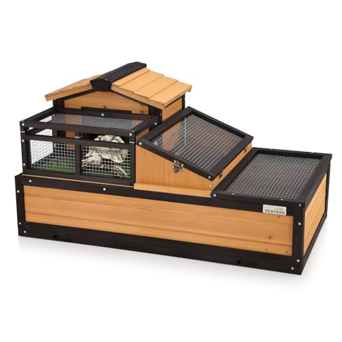 3-Room Large Tortoise Habitat with Pull-Out Tray, Wooden Tortoise Enclosure Indoor & Outdoor with Ramp, Grass Mat, Openable Roof, Luxurious Reptile Enclosure for Small Animals, Yellow - color: Yellow