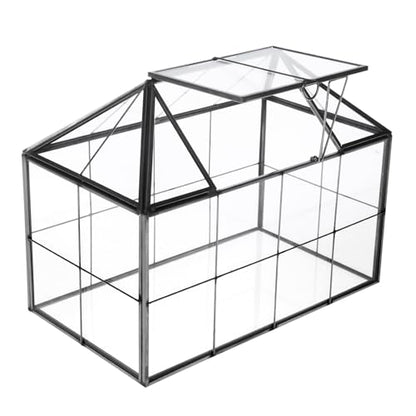 HighFree Geometric Terrarium Planter with Swing Lid, House Shape Black Handmade Glass Box, Vintage Tabletop Miniature Terrarium, for Succulent, Cacti, Air Plants (Not Watertight - 9.2x5.5x7.3 inch)