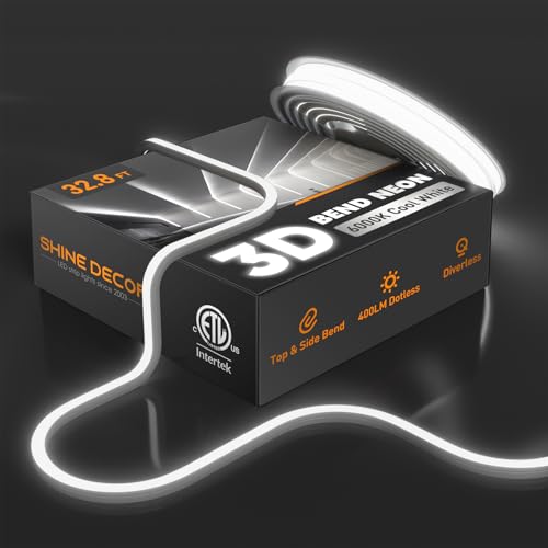 Shine Decor 3D LED Neon Rope Lights AC 120V, Top & Side Bend 400LM Dotless, Driverless IP65 Waterproof Cold-Resistant ETL Silicone Strip for Home Commercial 10x10mm, 6000K Cool White, 32.8ft - color: 6000K Cool White, size: 32.8 ft